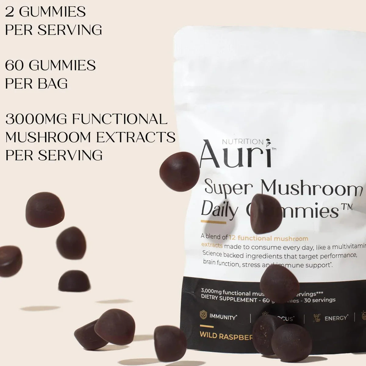 Auri Super Mushroom Daily Gummies - All-in-One Daily Mushroom Supplement Gummy