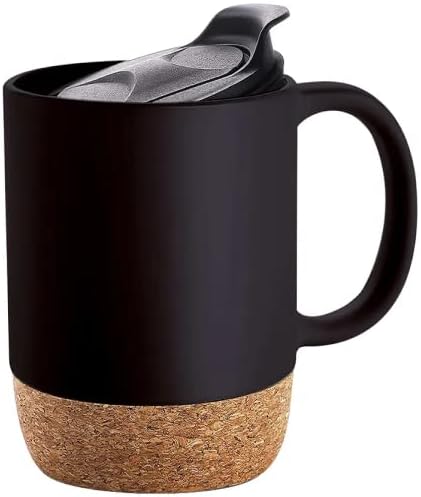 Generic Large Ceramic Coffee Cup Mug with Lid and Cork Bottom Base Work From Home (Black)