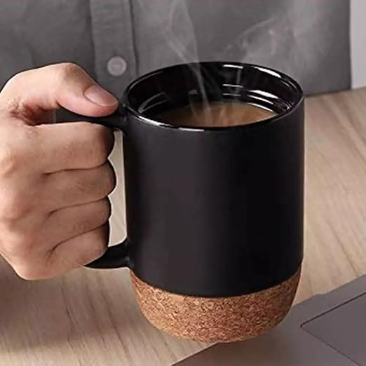 Generic Large Ceramic Coffee Cup Mug with Lid and Cork Bottom Base Work From Home (Black)